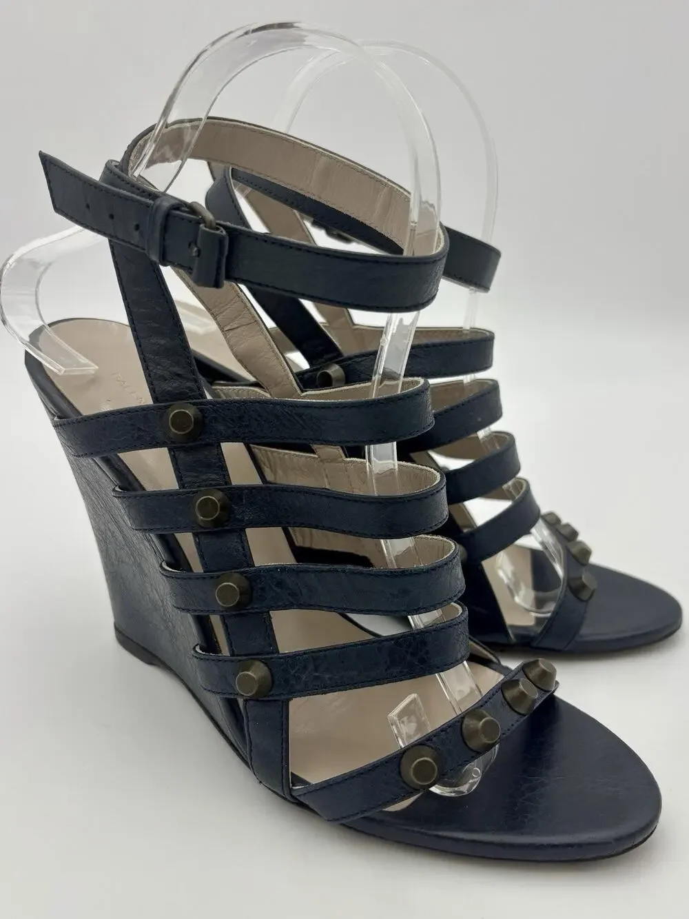 Balenciaga Wedge Sandals Navy Blue Leather Studded Size 39 / 9 Ankle Strap